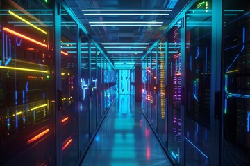 Poster - neon-lit data center aisle with a futuristic vibe.