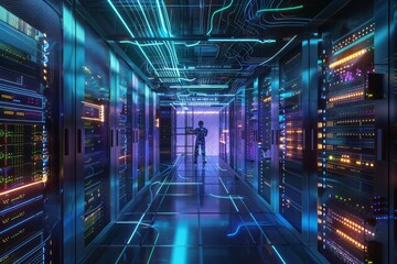 Poster - Data center corridor with glowing red digital end point.