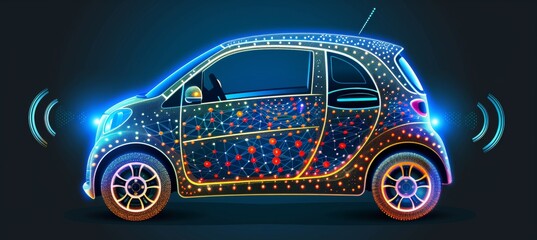Poster - futuristic electric vehicle with holographic wireframe digital technology background.