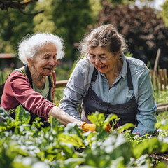 Senior woman with a caregiver in a garden, showcasing the therapeutic aspects of nature in elderly care