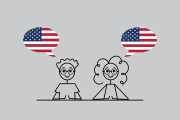 american english speakers, United States English speaking, cartoon boy and girl with speech bubbles in USA flag colors, learning English language vector illustration