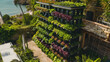 Innovative vertical farming structures within an urban garden, maximizing space for sustainable agriculture