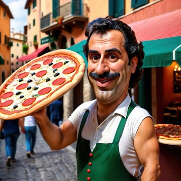 Parody caricature cartoon of Italian man carrying pizza