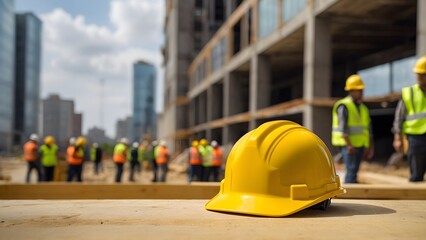 Wall Mural - Yellow Construction Helmet on a Busy Construction Site