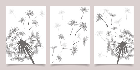 Wall Mural - Set of cards, posters with dandelions. Black dandelion seeds fly in the wind. Collection of nature cards. Vector