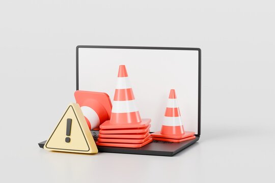 3d Traffic cones with attention on a laptop icon on isolated white background. Accident prevention concept. Minimal creative design icon. for website maintenance element. 3d rendering illustration.