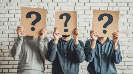 Group of people holding question mark signs in front of faces against a brick wall