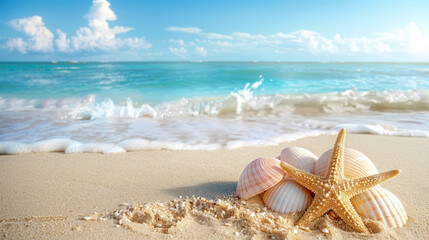 Wall Mural - Peaceful beach scene with starfish and seashells on the shore