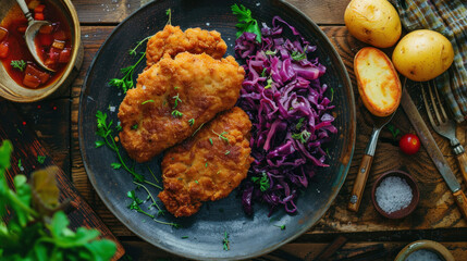 Crispy breaded fried cutlet with baked potatoes and cooked red cabbage on wooden table.