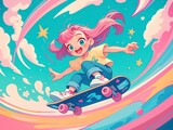 Fototapeta Dinusie - cute girl with pink hair skateboarding