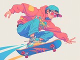 Fototapeta Dinusie - cartoon cool guy in a pink sweatshirt rides a skateboard