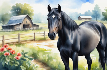 horse in a farm watercolor style