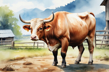 Wall Mural - cow in the field watercolor 