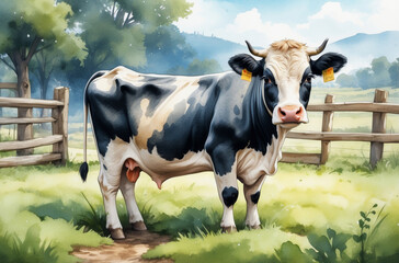 Wall Mural - cow in the field watercolor 