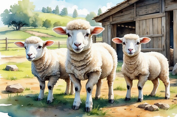 Wall Mural - sheep and lambs watercolor style