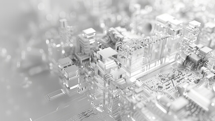 Poster - Monochrome Abstract of Microchip Cityscape