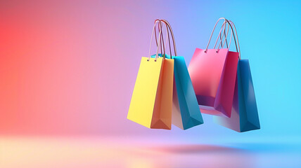 Vividly colored shopping bags floating against a gradient background, capturing the joy and vibrancy of retail therapy