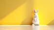 A charming 3D-rendered white rabbit set against a vibrant yellow backdrop, basking in the warmth of a sunny environment