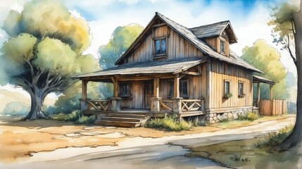 Wall Mural - Watercolor architectural illustration of a rustic house from Generative AI