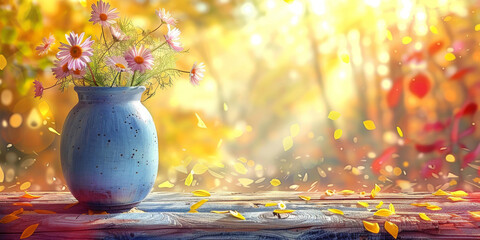 Wall Mural - empty wood table on beautiful daisies flower and vase background at sunny day, beige wood table on blurred natural flower spring background with bokeh light, empty space, product display,banner