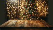 empty wooden table with the enchanting bokeh of a Christmas tree in the background