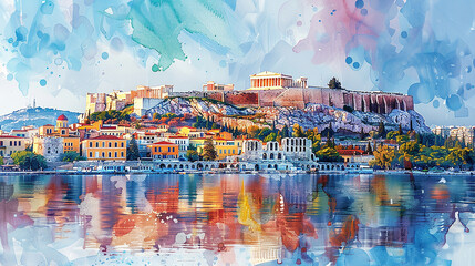 Canvas Print - Watercolor touristic card of  Athens