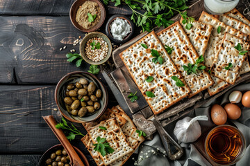 Overhead view of a traditional matzah bread a food eaten during passover