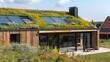 Green roof and photovoltaic panels on the roof of an ecological building in accordance with the principles of sustainable development