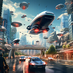 Poster - A futuristic cityscape with flying cars.