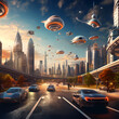A futuristic cityscape with flying cars.