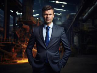 Businessman in a suit and a tie posing in a steel plant 