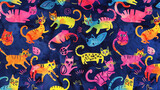 Fototapeta Pokój dzieciecy - Wallpaper with funny colorful cats on a dark background. Horizontal format.