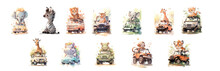 Adorable Watercolor Illustrations Of Baby Animals Riding Vintage Cars, Perfect For Children’s Books, Wall Art