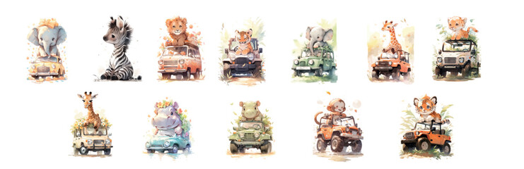 Poster - Adorable Watercolor Illustrations of Baby Animals Riding Vintage Cars, Perfect for Children’s Books, Wall Art