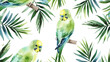 Watercolor pattern with lovebirds parrots, jungle palm leaves on white background. Children's rooms wallpapers. Design for clothes, apparel printing, poster or cover. AI Generative