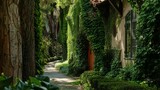 Fototapeta Fototapeta uliczki -  Greenery in an old suburban community outside Los Angeles, California, characterized by narrow streets shaded by ancient oak trees, charming cottages with ivy-covered facades