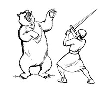 Vector Drawing. An Angry Bear Attacking Man