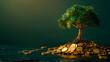 golden tree growing on pile of golden coins, business and investment growth, investment plan  for financial freedom and retirement, asset allocation management