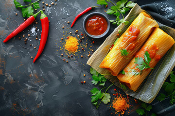 Wall Mural - Mexican  tamales of corn leaves with chili and sauces  on a dark backdrop. Mexican traditional food banner with top view and a big space for text or product.