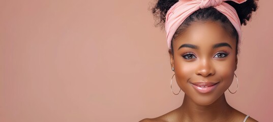 Wall Mural - Young afro american woman with pink headband and fresh skin on beige pink pastel grey background