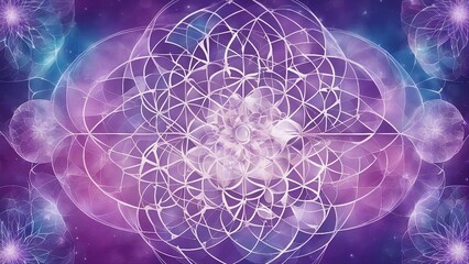 Wall Mural - background with bubbles _A purple and blue watercolor sacred geometry illustration of the flower of life  