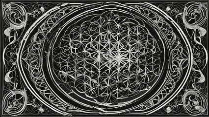 Wall Mural - black and white background _A flower of life art with a Fibonacci and sacred geometry style. The art has a black background 