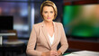 © BlazingDesigns - TV studio news female anchor presenter talking breaking news.