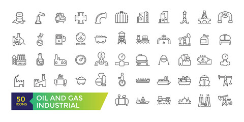 Wall Mural - Oil and Gas outline icons related to natural gas. Linear icon collection. Fuel industry linear icons. Gasoline outline vector signs and symbols collection.