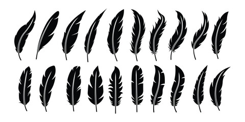 Set of Bird Feather. Feathers vector set in a flat style. Pen icon. Black quill feather silhouette. Plumelet collection isolated	