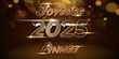 carte ou bandeau pour souhaiter une joyeuse année 2025 en or et gris sur un fond noir et marron en dégradé avec des ronds en effet bokeh