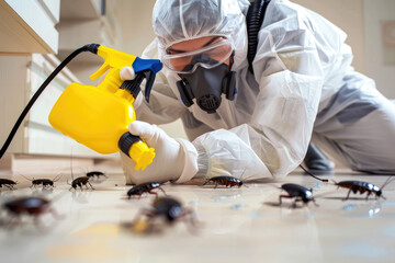 Sticker - Pest control exterminator killing cockroaches inside house