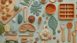 Fototapeta Uliczki - Eco fiendly child wooden toys. Sustainable, developmental, sensory toys for babies and toddlers. Top view, flat lay