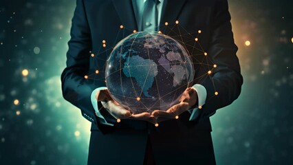 Wall Mural - businessman holding Global network connection. Big data analytics and business intelligence. World map point and line composition of global business. innovation, Digital technology,