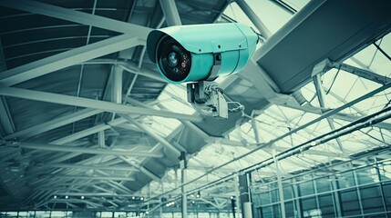 Poster - CCTV camera in a large deserted hall, airport terminal. Close-up, wide-angle panorama in blue neon lighting. Security service.
